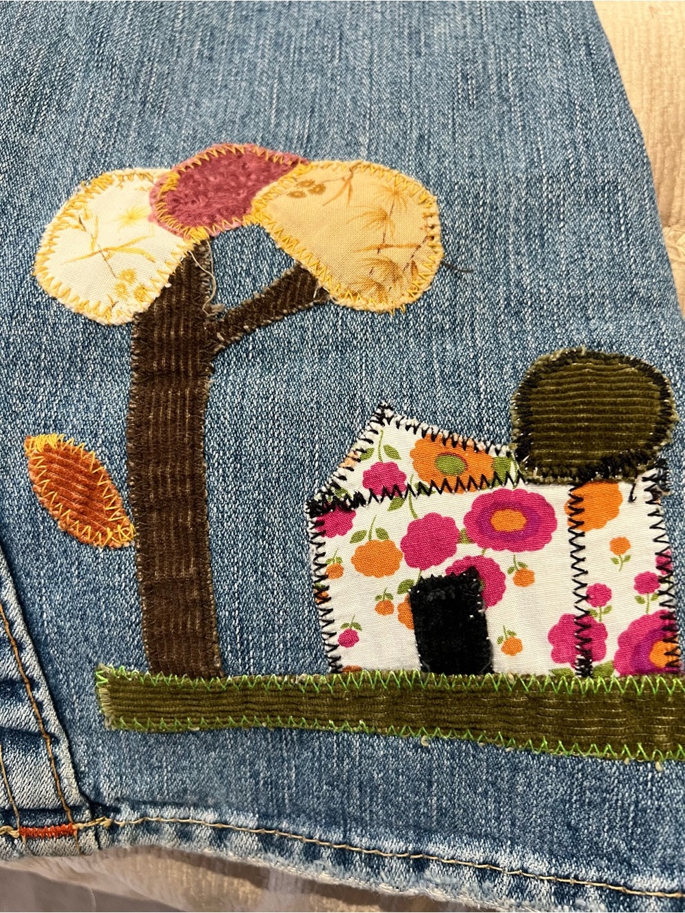 True Religion Blue Flare Jeans with Mushroom & Tree Appliqués - Picture 7 of 9